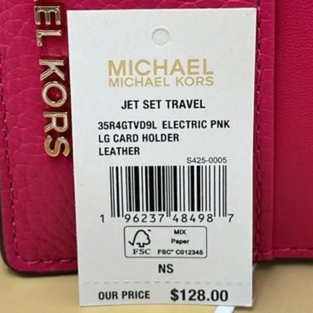 MICHAEL KORS Large Pebbled Leather Card Holder Case Electric Pink  NWT